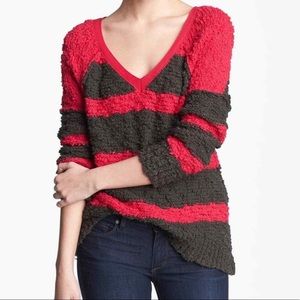 Free People Womens Songbird Rugby Striped V Neck Sweater Chunky Popcorn size M